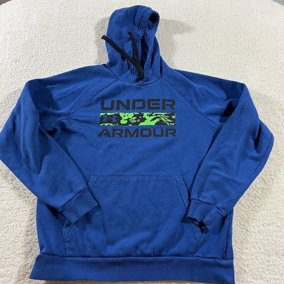 Under Armour Hoodie Rival Mens Medium Royal Blue Green Camo Logo Pullover - Picture 1 of 9